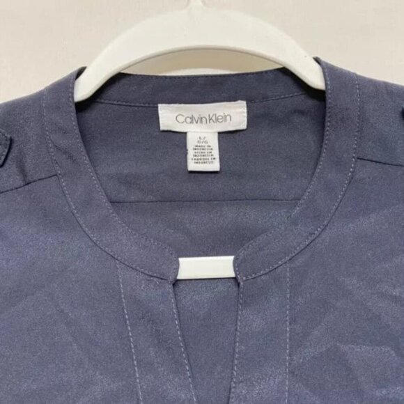 Calvin Klein Women's Large V-Neck Button Up Blouse Charcoal Grey Roll Tab Sleeve - Picture 8 of 13